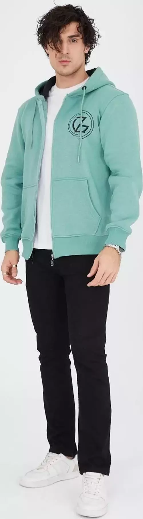 Kapüşonlu Baskılı Fermuarlı Mint Yeşili Hırka