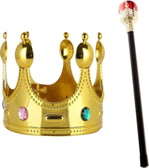 Çocuk Boy Altın Renk Kral Tacı Ve Kırmızı Topuzlu Kral Asası