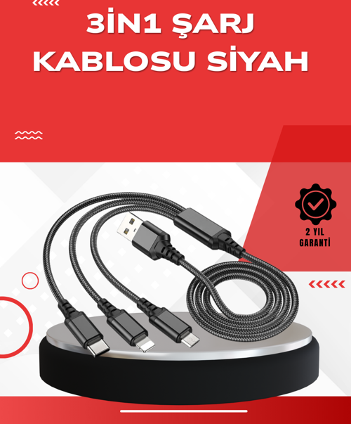 Dayanıklı Metal Başlıklı 3’ü 1 Arada Şarj Kablosu – Tüm Cihazlarla Uyumlu