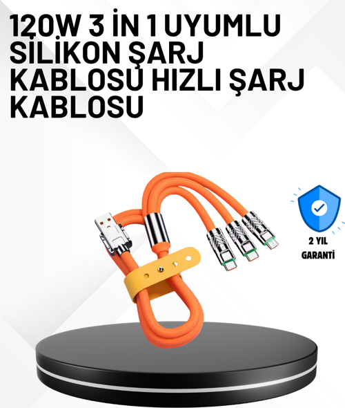 3’ü 1 Arada Kablo – 120W Hızlı Şarj ve Veri Aktarımı Özellikli