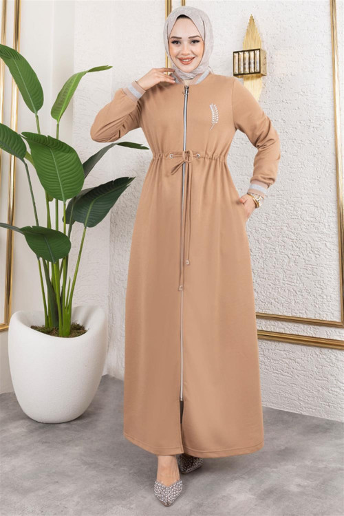 Taşlı Ribana Detaylı Ferace LATTE - LATTE - 42