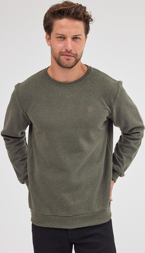 Erkek Haki Standart Fit Normal Kesim Pamuklu Basic Bisiklet Yaka Sweatshirt