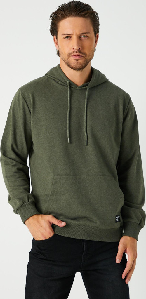 Erkek Haki Basic Kapüşonlu Regular Fit Normal Kesim 2 İplik Kumaş Günlük Sweatshirt