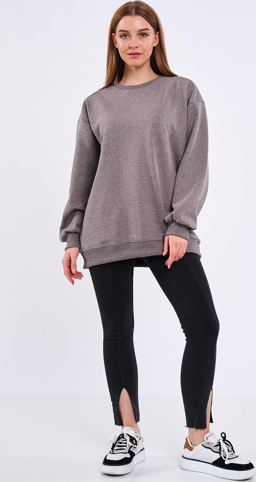 Kahve Kadın Pamuklu Oversize Basic Bisiklet Yaka Sweatshirt
