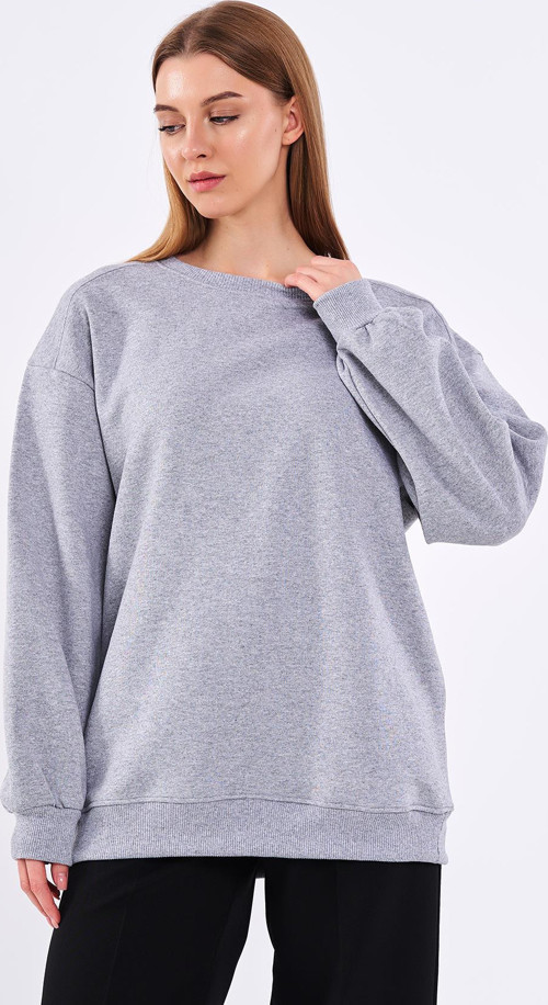 Gri Kadın Pamuklu Oversize Basic Bisiklet Yaka Sweatshirt