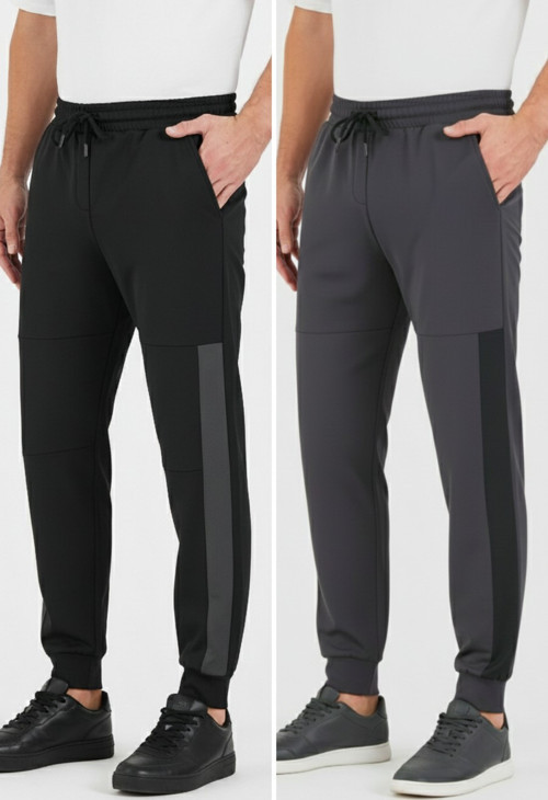 Erkek Siyah-Antrasit Standart Fit Normal Kesim Paça Ribanalı Cepli Rahat Jogger 2'li Eşofman Altı CMRE101-2