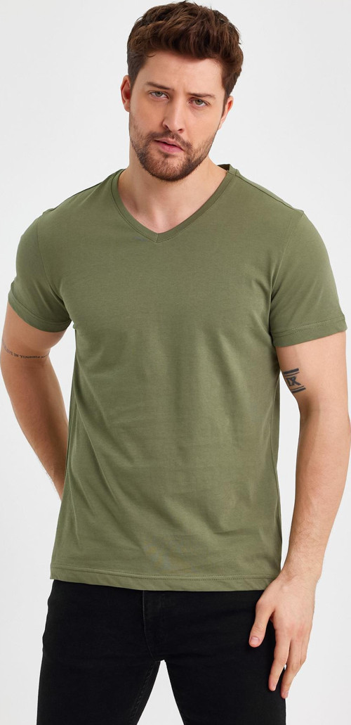 Erkek Haki Basıc Slim Fit Pamuklu Kısa Kollu V Yaka T-shirt