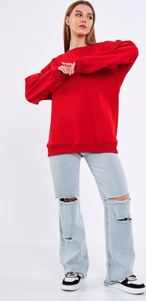 Kırmızı Kadın Pamuklu Oversize Basic Bisiklet Yaka Sweatshirt
