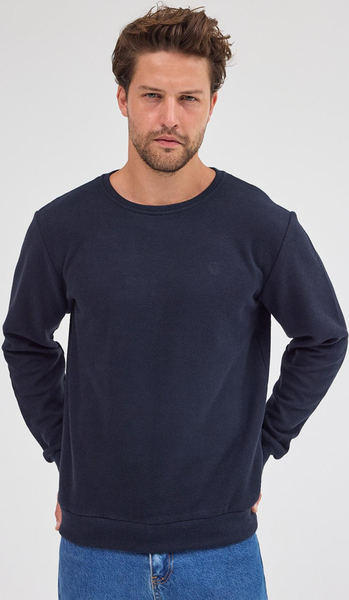 Erkek Lacivert Standart Fit Normal Kesim Pamuklu Basic Bisiklet Yaka Sweatshirt