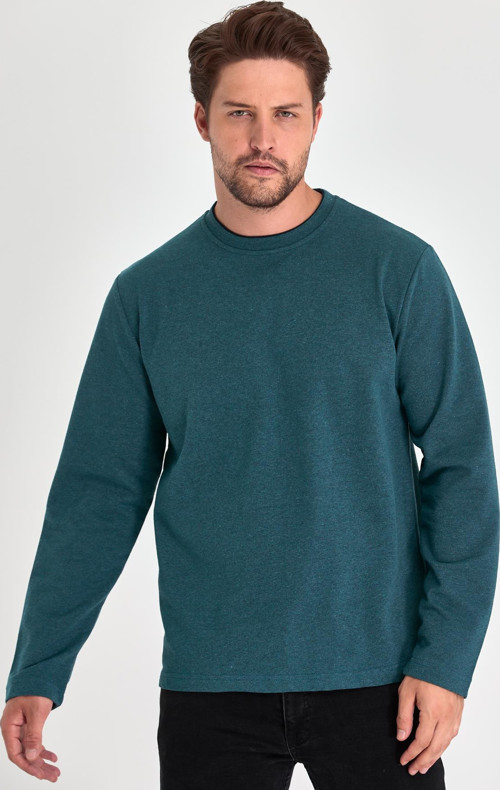 Erkek Petrol Çift Bisiklet Yaka Standart Rahat Kesim Sweatshirt