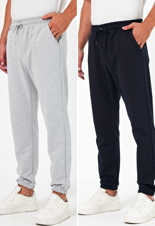 Kalın Siyah-Antrasit Erkek 2'li Eşofman Altı Jogger Arka Cepli Lastik Paça Regular Fit Şardonsuz