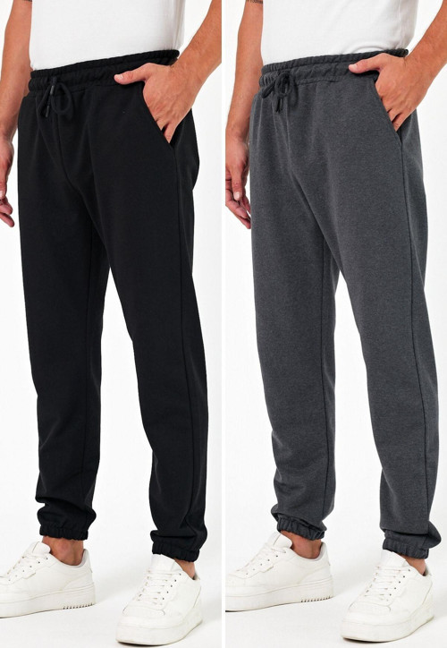 Kalın Siyah-Antrasit Erkek 2'li Eşofman Altı Jogger Arka Cepli Lastik Paça Regular Fit Şardonsuz