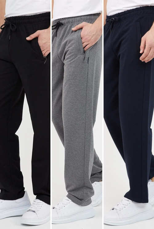 Siyah Erkek Büyük Beden 3'lü Düz Paça Cep Fermuar Detaylı Rahat Kesim Eşofman Altı