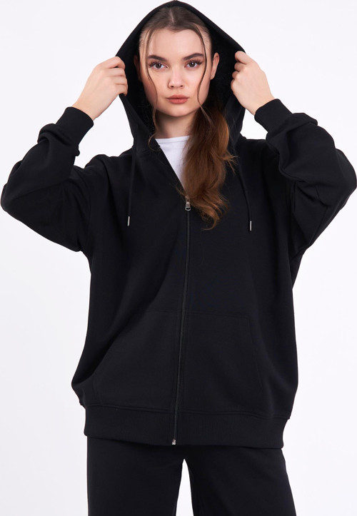 Siyah Kanguru Cepli Kapüşonlu Fermuarlı Oversize Kadın Sweatshirt