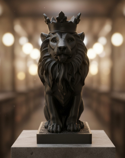 \text{Monark Taçlı Aslan Biblo (18 cm) - Beyaz/Siyah 3D Yazıcı Baskı Dekorasyon Ürünü}