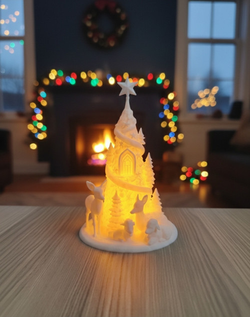 Kış Masalı Işıklı Noel Köyü - 3D Baskı Yılbaşı Dekorasyonu - (12x12x18cm)