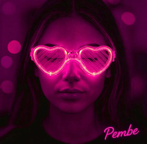 Pembe LED Işıklı Kalp Gözlük – 3 Modlu Parti - Glow Gözlüğü (5047)