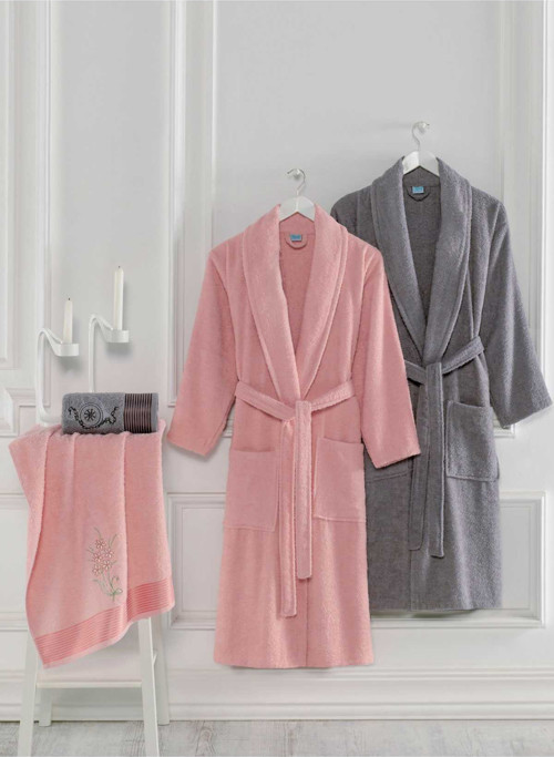 4 Parça Aile Bornoz Seti Kadın Erkek Havlulu Bornoz Takımı Pembe Gri