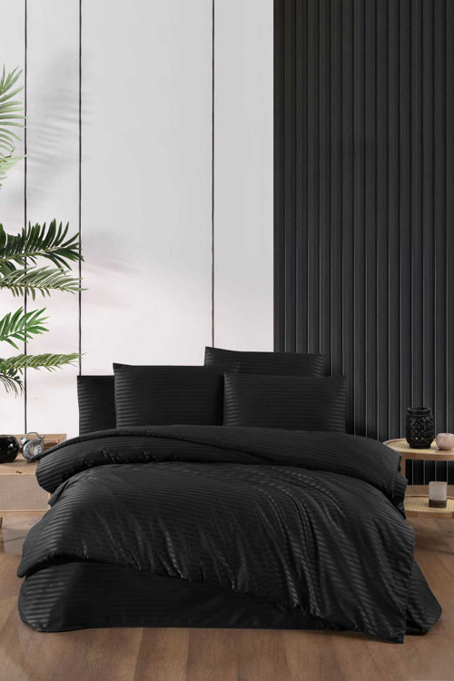 Stripe Saten Line Çift Kişilik Nevresim Takımı Siyah