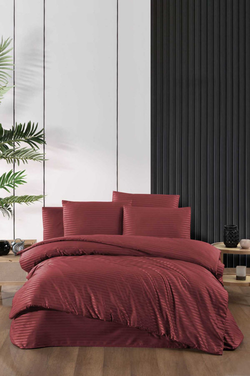 Stripe Saten Line Çift Kişilik Nevresim Takımı Bordo