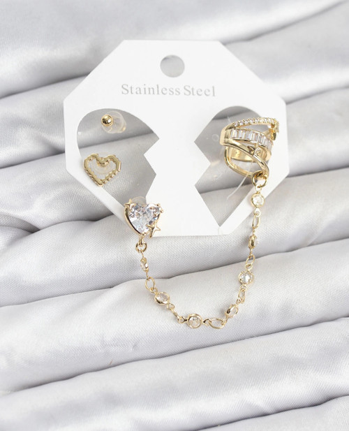 Pirinç Gold Renk Kalp Model Zincir Bağlantılı Ear Cuff Küpe Seti