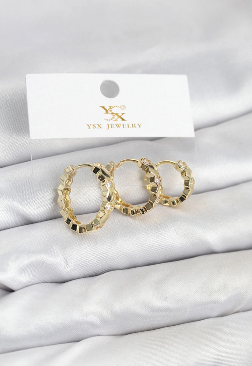 Pirinç Gold Renk Zirkon Taşlı Petek Halka Model YSX Trio Küpe Seti