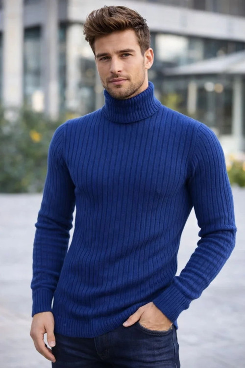 Erkek Balıkcı Yaka Bağazlı Triko Kazak Pamuklu Kalın Fitilli Dokuma, Regular Fit Uzun Kollu Kışlık M