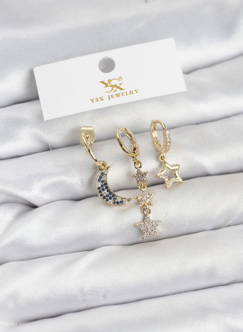 Pirinç Gold Renk Zirkon Taşlı Ay ve Yıldız Model YSX Trio Küpe Seti
