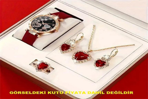 Kadın Yuvarlak Saat ve Kolye+Küpe+Yüzük Takı Seti, 5 adet/takım HEDİYELİK