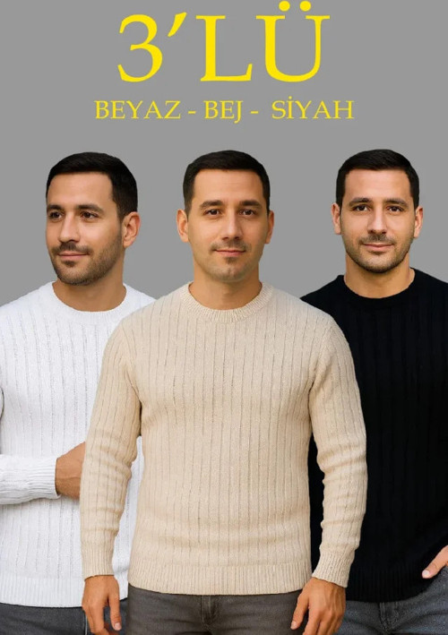 Erkek Fitilli Triko Kazak 3’lü Set – Bej, Beyaz, Siyah Kalın Dokuma Pamuklu Regular Fit Bisiklet Ya