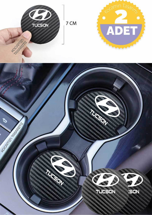 Hyundai Tucson Siyah Karbon Araç Bardak Altlığı Hyundai Logolu Tucson Özel Üretim 2 Adet 7 Cm