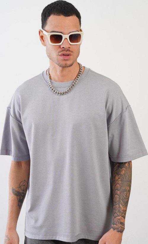 Unisex Bisiklet Yaka Oversize Kalıp Penye Tişört 1004