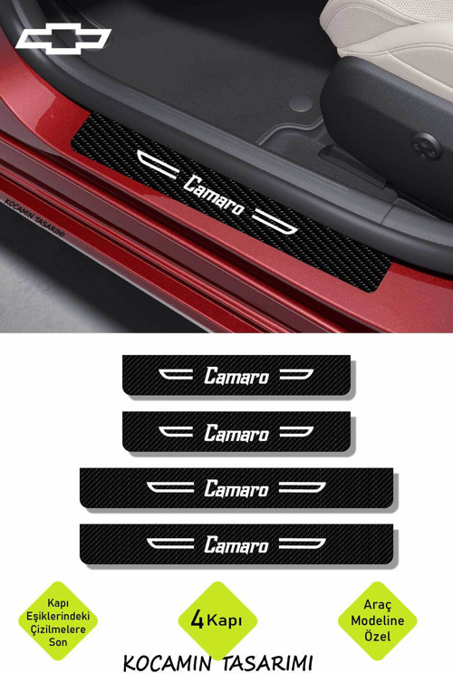Karbon Kapı Koruma Chevrolet Camaro Kapı Eşiği Siyah Beyaz Camaro Yazılı Dekoratif 4 Parça Set