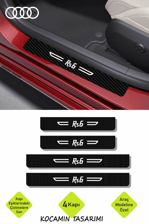 Siyah Karbon Audi Rs6 Kapı Eşiği Dekoratif Beyaz Yazılı Kapı Koruyucu 4 Parça Set Audi Rs6 Yazılı