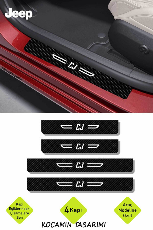 Karbon Kapı Koruma Jeep CJ Kapı Eşiği Siyah Beyaz CJ Yazılı Dekoratif 4 Parça Set