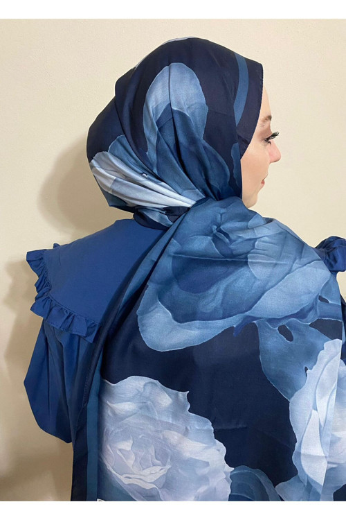 Mineleşarp Manolya Çiceği Serisi Soft Şal - Saks Mavisi Lacivert Tonları