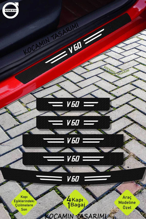 Volvo V60 Uyumlu Karbon Eşik Koruma Seti Araç Kapı Bagaj Çizilme Önleyici V60 Yazılı