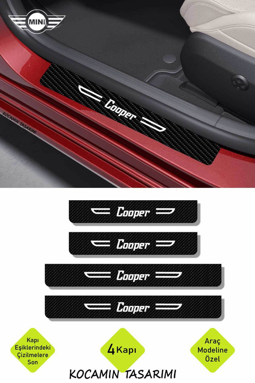 MINI Cooper Yazılı Kapı Koruma Eşiği Siyah Karbon Üzeri Beyaz Cooper Dekoratif Yazı 4 Parça MINI Coo