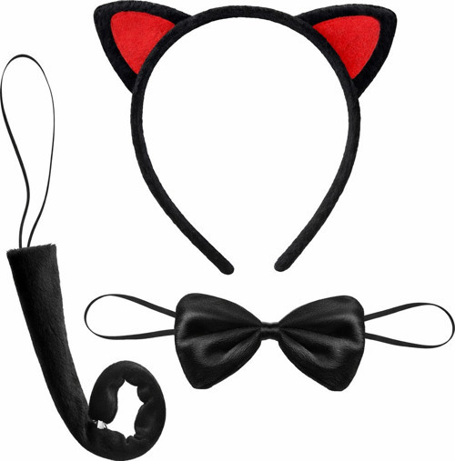 Kırmızı Kulaklı Kedi Kostüm Seti – Taç Papyon Kuyruk 3 Parça