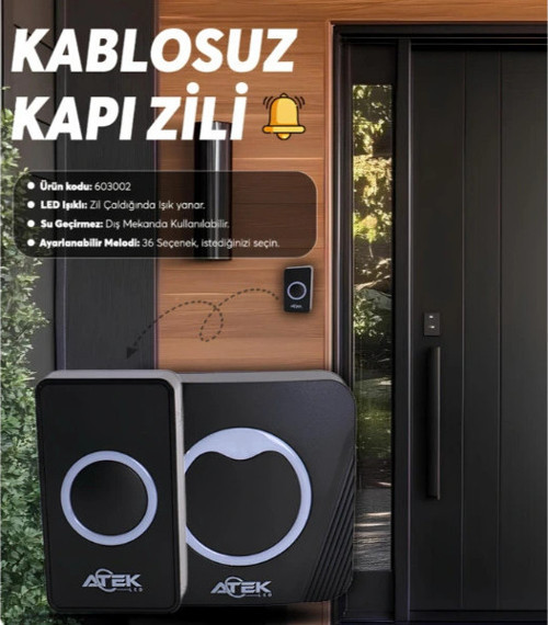 Siyah Kablosuz Su Geçirmez Kapı Zili