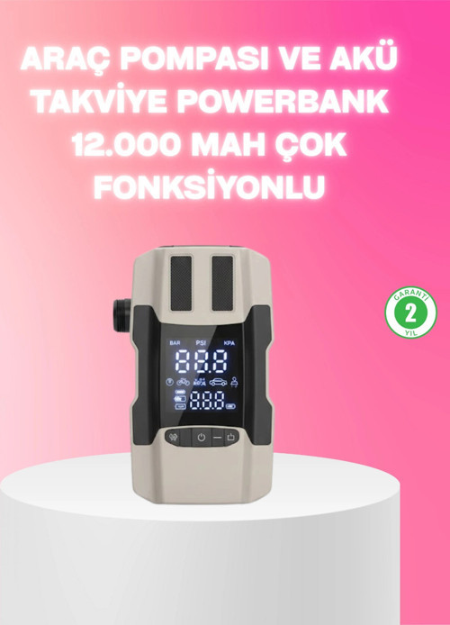 Araç Hava Pompası ve Akü Takviye Powerbank 12.000 mAh Çok Fonksiyonlu