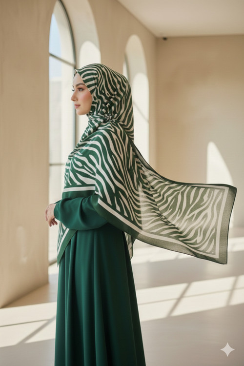 Nine Fresh Zebra Desenli Pamuklu Şal Yeşil
