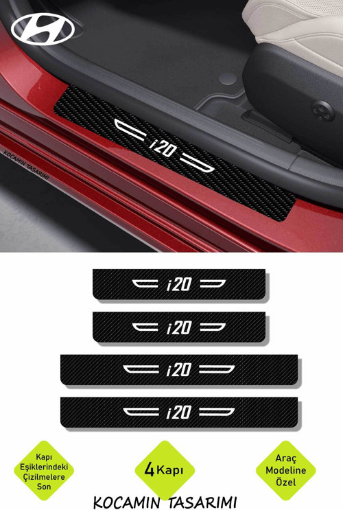 i20 Yazılı Dekoratif Karbon Kapı Koruma Hyundai i20 İçin Siyah Beyaz Yazılı 4 Parça Kaplama Hyundai