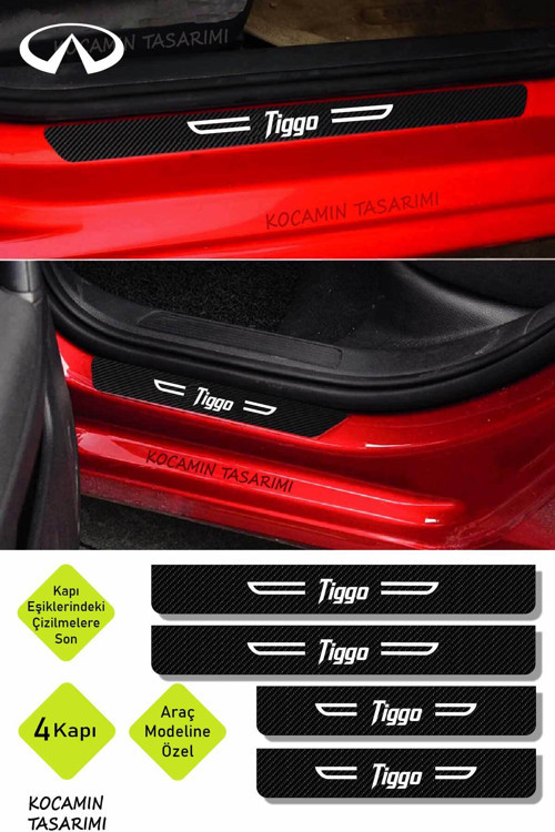 Chery Tiggo Kapı Koruma Eşiği Dekoratif Siyah Karbon Üzeri Beyaz Chery Tiggo Yazılı 4'lü Set