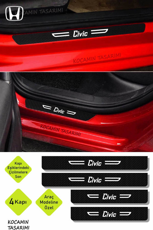 Honda Civic Karbon Kapı Eşiği Dekoratif Kapı Koruyucu Siyah Üzeri Beyaz Yazılı 4 Parça Set Honda Civ