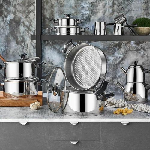 King Siyah Cam Kapak 20 Parça Çelik İdeal Çeyiz Seti