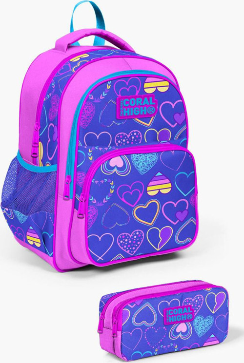 Kids Açık Pembe Lavanta Kalp Desenli 2'liOkul Çanta Seti SET0223401