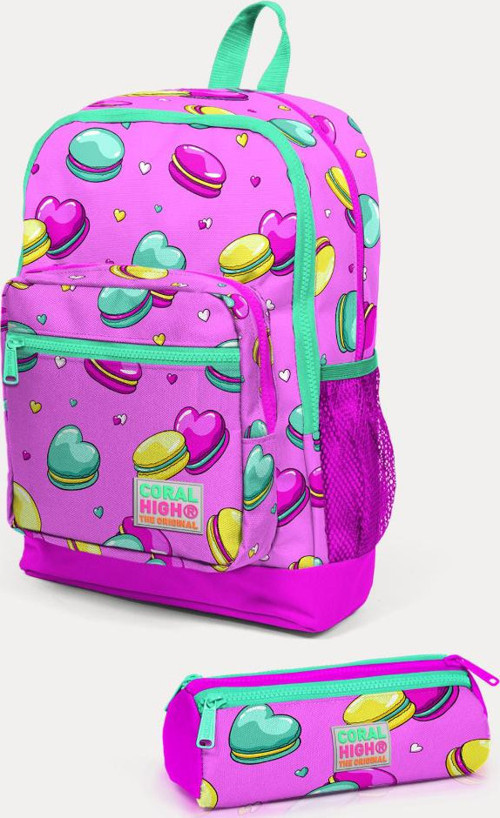 Kids Açık Pembe Su Yeşili Makaron Desenli 2'li Okul Çanta Seti SET0223462