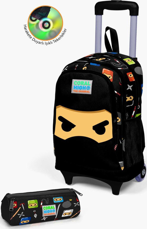 Kids Siyah Ninja Desenli Çekçekli 2'li Çanta Seti SET0223381