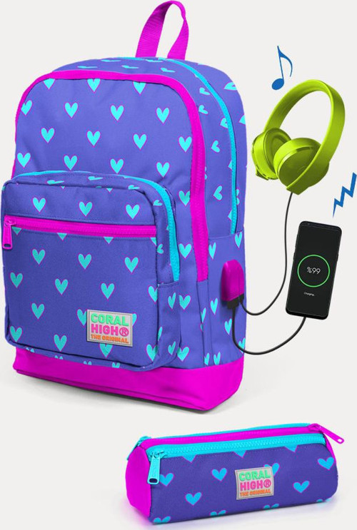 Kids Lavanta Pembe Kalp Desenli USB'li 2'li Okul Çanta Seti SET0223806